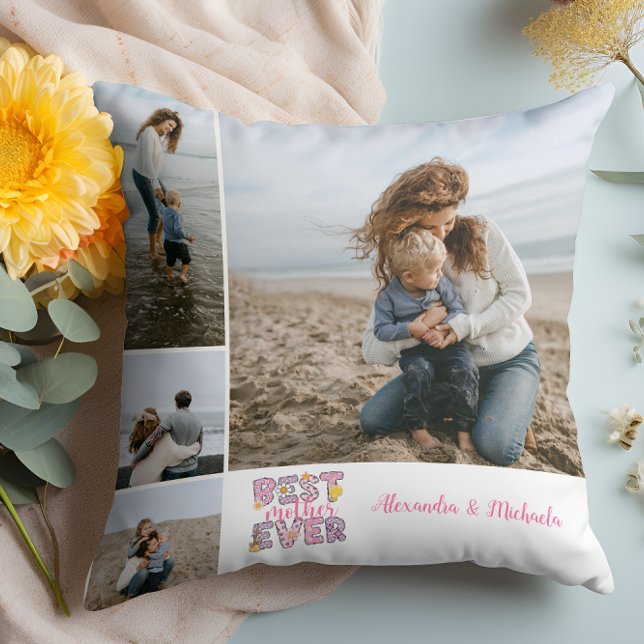 Coussin Meilleure Mère du Monde Collage de 4 Photos Floral (Créateur téléchargé)