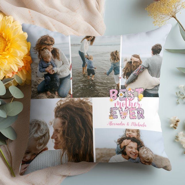Coussin Meilleure Mère du Monde Collage de 5 Photos Floral (Créateur téléchargé)