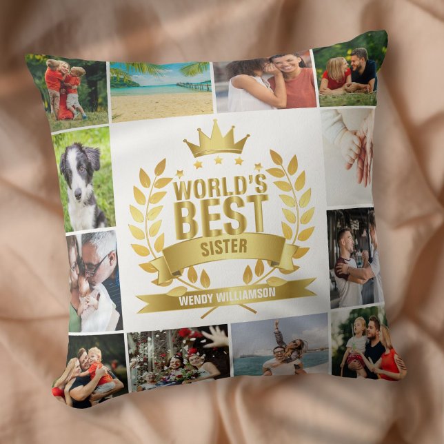 Coussin Meilleure Sœur du Monde 12 Collage Photo (World's Best Sister 12 Photo Collage Throw Pillow)