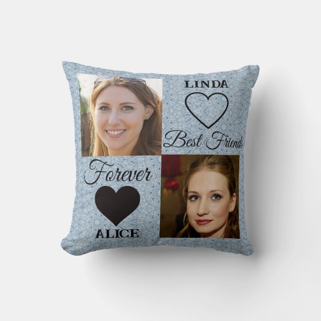 Coussin Meilleurs amis Cadeau Bleu Coeur Photo Collage (Recto)