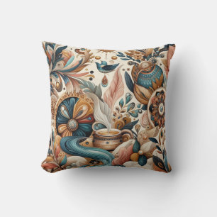 Coussin Mélange bohème de fleurs turquoises, magenta, viol