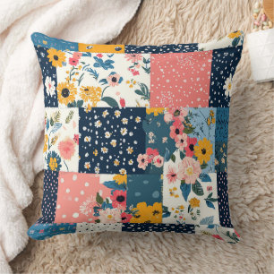Coussin Mélange de corail bleu Cottage Floral Patchwork