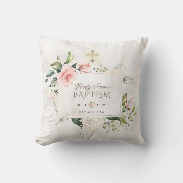 Coussin Mélange floral marbre or croix Baptême Monogramme (Recto)