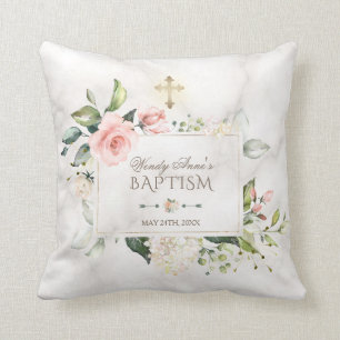 Coussin Mélange floral marbre or croix Baptême Monogramme