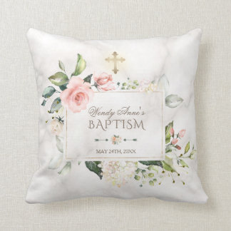 Coussin Mélange floral marbre or croix Baptême Monogramme