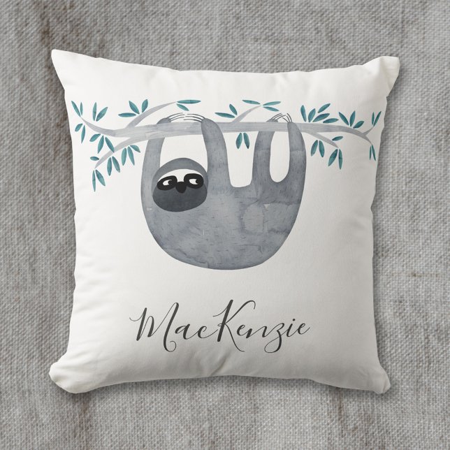 Coussin Mélange Sloth Personnalisé (Cute watercolor sloth art personalize script name throw pillow)