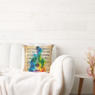 Coussin Mélodie colorée : Guitare peinte sur musique Vinta