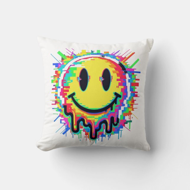 Coussin Melting Smiley Face Throw Pillow – Psychedelic Col (Recto)