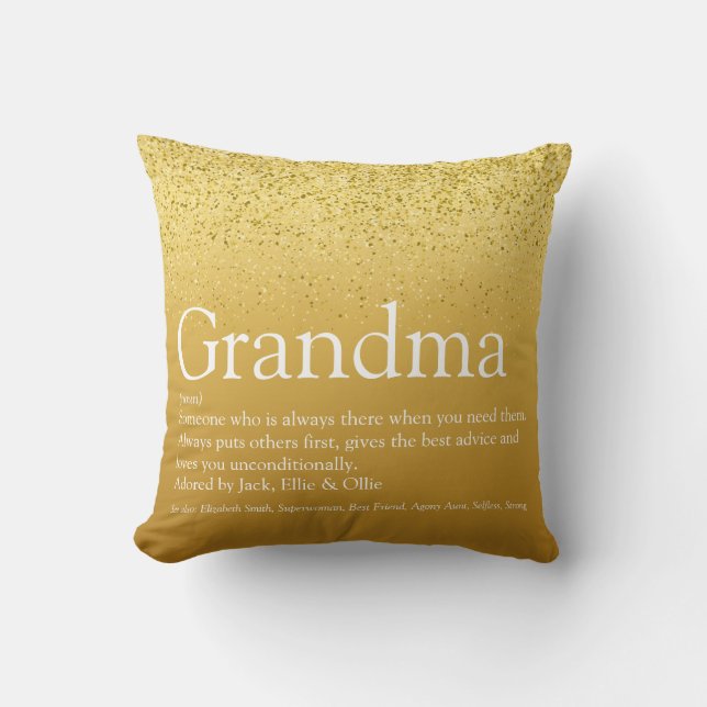 Coussin Mémé, Définition Grand-mère Paillettes Dorées (Recto)