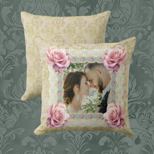 Coussin Mémoire de photo de roses en dentelle damassée dél