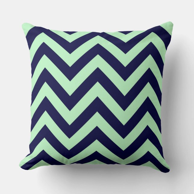 Coussin Menthe, bleu marine grand motif chevron zigzag (Recto)