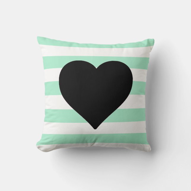 Coussin Menthe et carreau noir rayé blanc de coeur (Recto)