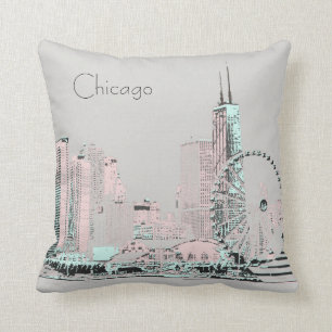 Coussin Menthe grise moderne de rose d'horizon de Chicago