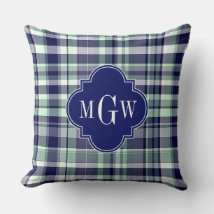 Coussin Menthe Marine Blanc Madras Prépa Quatrefeuilles Mo