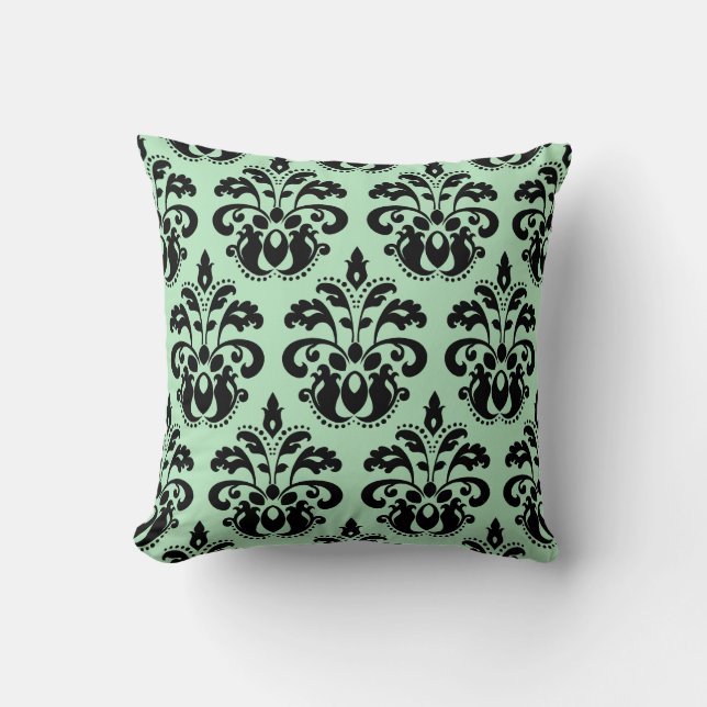 Coussin Menthe vert et noir damassé beau motif (Recto)