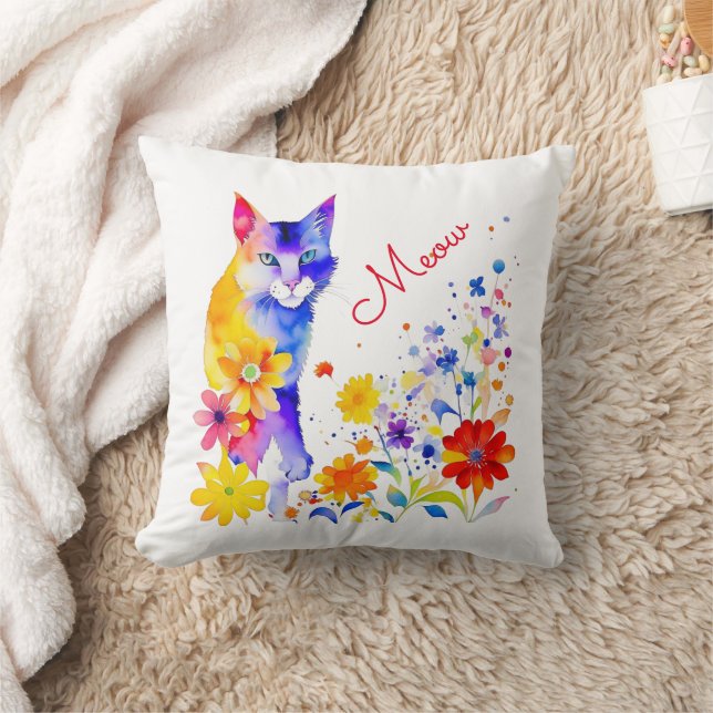 Coussin Meow | Chat et fleurs à l'aquarelle  (Couverture)