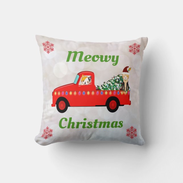 Coussin Meowny Christmas Cute Cat Red Truck Snowflakes (Recto)