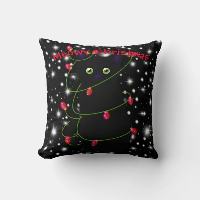 Coussin Meowy chat Noël rouge scintille étoiles (Recto)