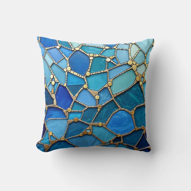 Coussin Mer d'ondes Mosaïque d'art bleu et or (Recto)