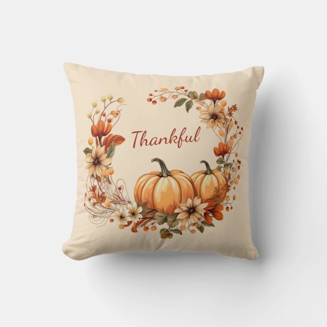 Coussin Merci Citrouille et fleurs d'automne Wreath (Recto)