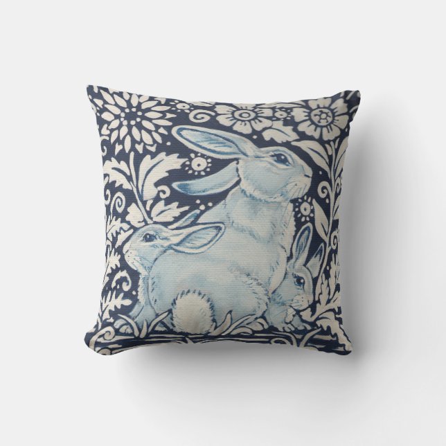 Coussin Mère, Bébé Lapin Printemps Floral Marine Bleu Uniq (Recto)
