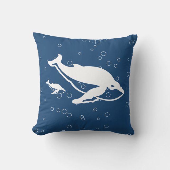 Coussin mère et bébé baleine blanche sur bleu (Recto)