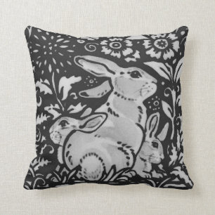 Coussin Mère et bébé lapin blanc gris foncé Chinoiseri