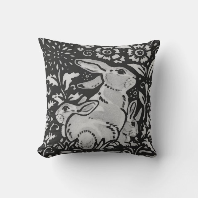 Coussin Mère et bébé lapin blanc gris foncé Chinoiserie (Recto)