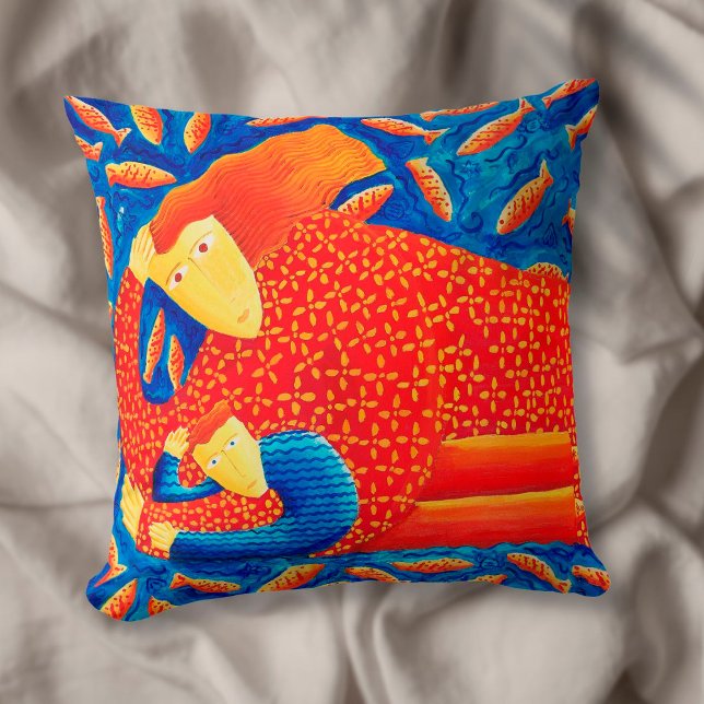 Coussin Mère Et Fils Avec Poisson D'Or Peinture D'Art Mode (Créateur téléchargé)