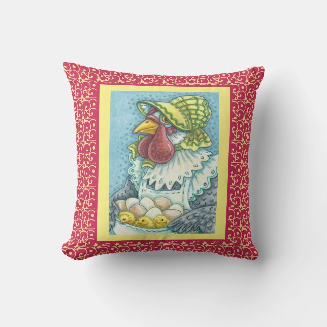 Coussin Mère Hen, OEufs et poulets POULET LAIT COULEUR rou (Recto)