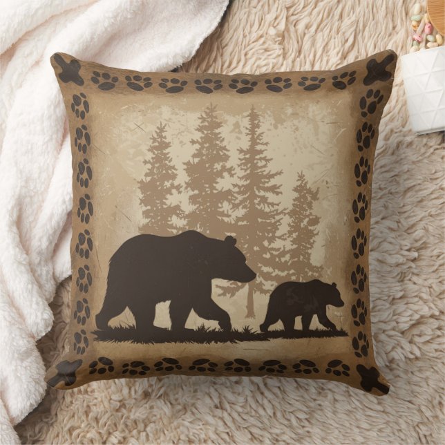 Coussin Mère ours et petit dans la forêt Rustique Élégant (Couverture)