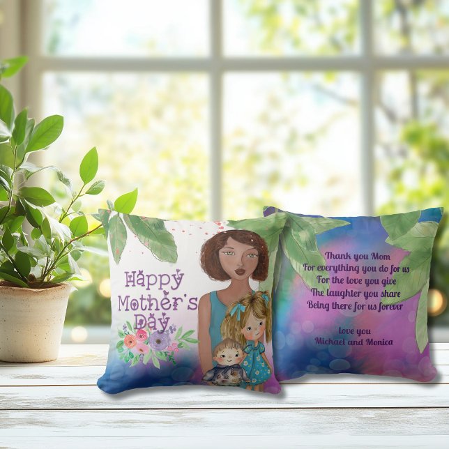 Coussin Mère Whimsical avec enfants | Fête des mères (Whimsical Mother with kids  Mother's Day Throw Pillow)