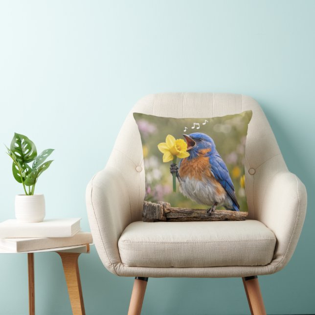 Coussin Merle bleu chantant dans un narcisse jaune (Chaise)