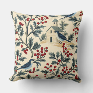 Coussin Merle Bleu Vintage Noël Crème Rouge
