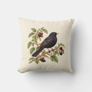 Coussin Merle noir britannique sur branche de mûre botaniq