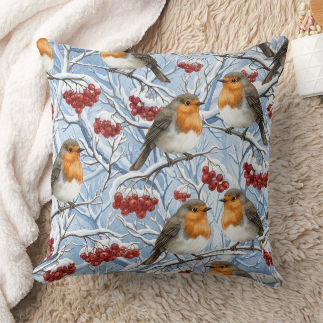 Coussin Merles d'hiver et branches enneigées (Couverture)