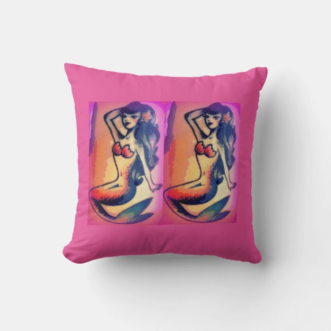 Coussin mermaid aux cheveux foncés beautés rose (Recto)