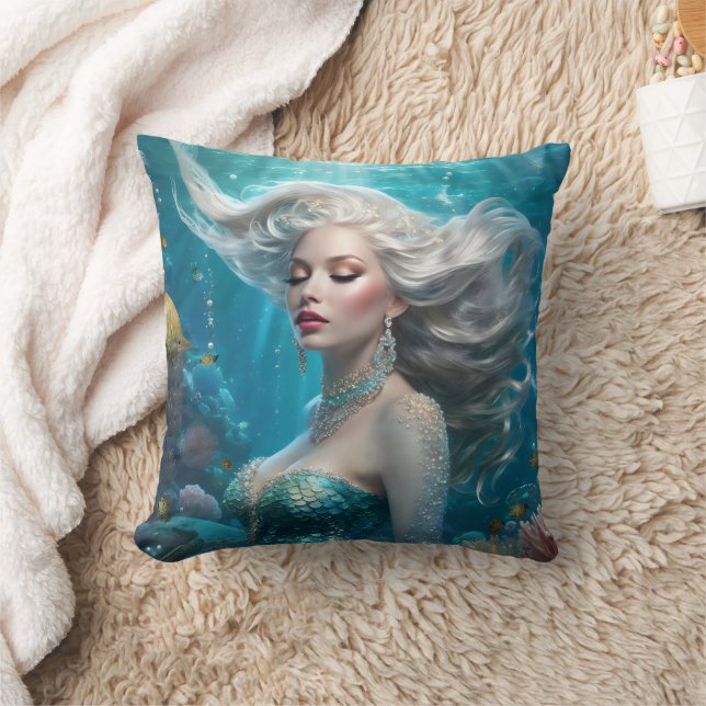 Coussin Mermaid cheveux en argent Turquoise Océan (Couverture)