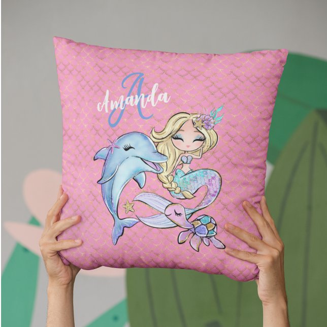 Coussin Mermaid Custom Rose or Monogramme Girl Chambre (Mermaid Custom Pink Gold Monogram Girl Bedroom Throw Pillow
)