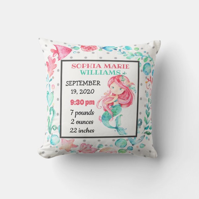 Coussin Mermaid Ocean Birth Stats Baby Faire-part Girl (Recto)