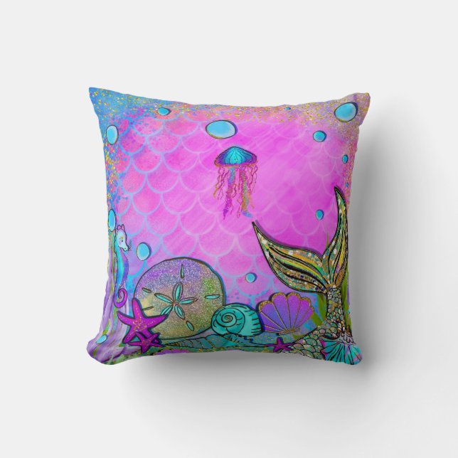 Coussin Mermaids et coquilles sous la mer rose brillant (Recto)