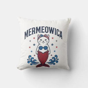 Coussin Mermeowica Chat Mermaid Patriotique Design de T-Sh