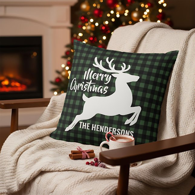 Coussin Merry Christmas Deer Green & Black Plaid Name (Créateur téléchargé)