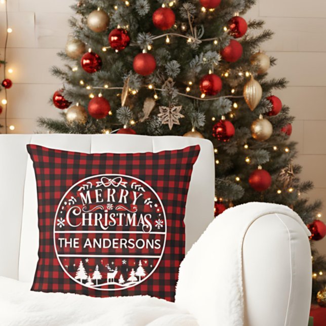 Coussin Merry Christmas Red & Black Plaid Custom Name (Créateur téléchargé)