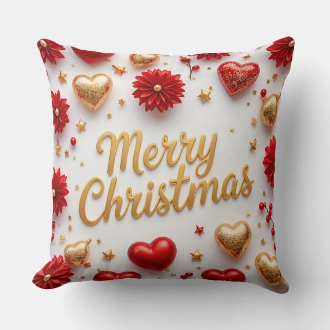 Coussin Merry Christmas Red & Gold Holiday Pillow  (Recto)