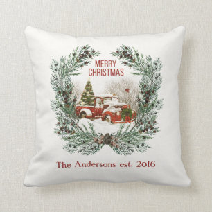 Coussin Merry Christmas Red Truck Spruce Wreath Customisé