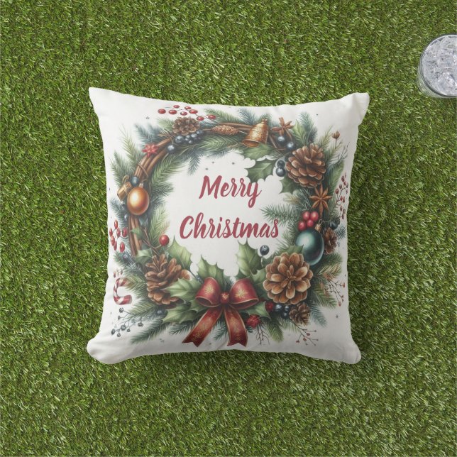 Coussin Merry Christmas Wreath  (Herbe)