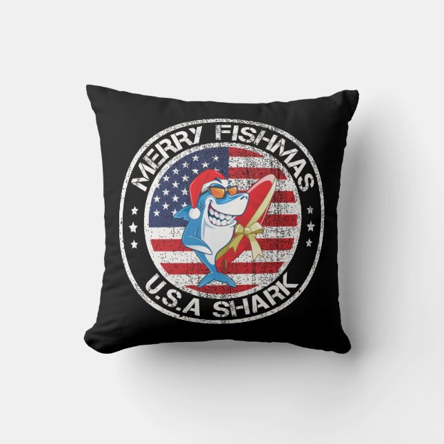 Coussin Merry Fishmas USA Drapeau Grand requin blanc (Recto)