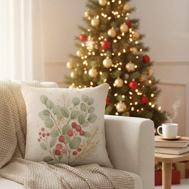 Coussin Merry Hearth : Aquarelle botanique de Noël rustiqu (Créateur téléchargé)
