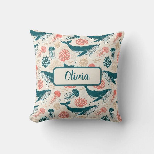 Coussin Merveilles de l'océan baleine méduse corail (Recto)